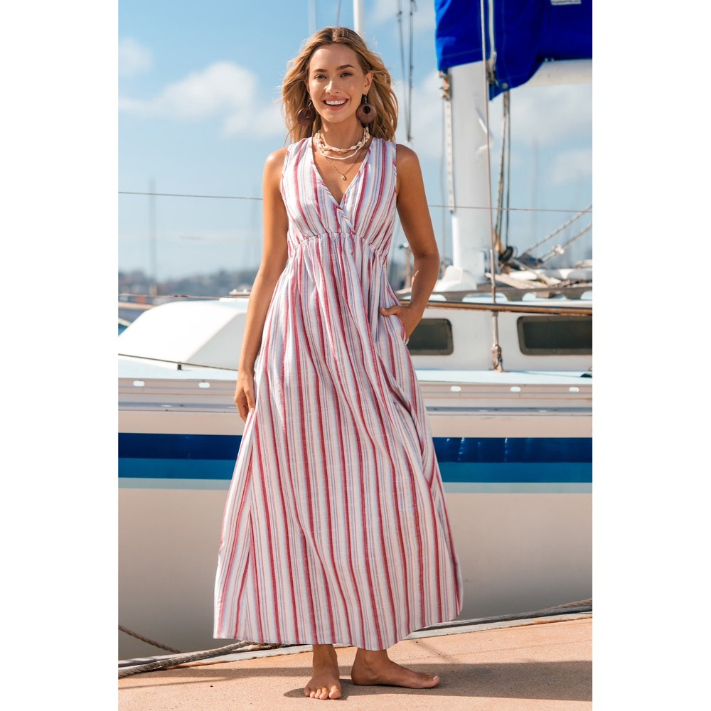 Cupshe Red Blue Striped V-Neck Tassel Tie Back Maxi Dress XL